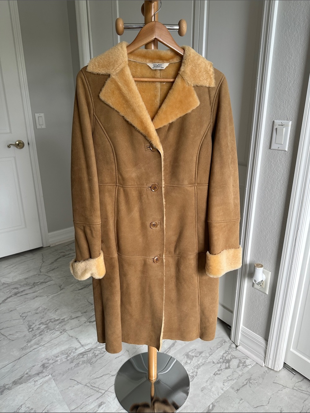 Hilary Radley Tan Suede Shearling-Trim Leather Coat size 10